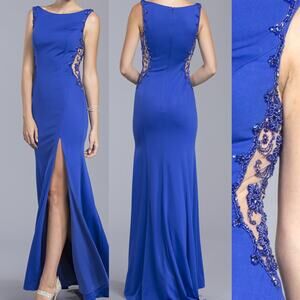 ASPEED SZ S royal blue boat neck hand beaded cutout mermaid maxi gown NWT B163